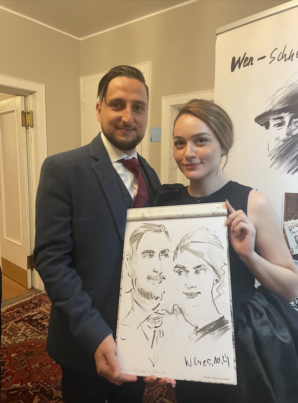Caricature of two guests drawn live at an event